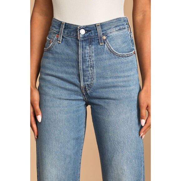 Levis Premium Women Denim Jean 32 Ribcage Straight Ankle Blue High Rise Wide New - Picture 7 of 16